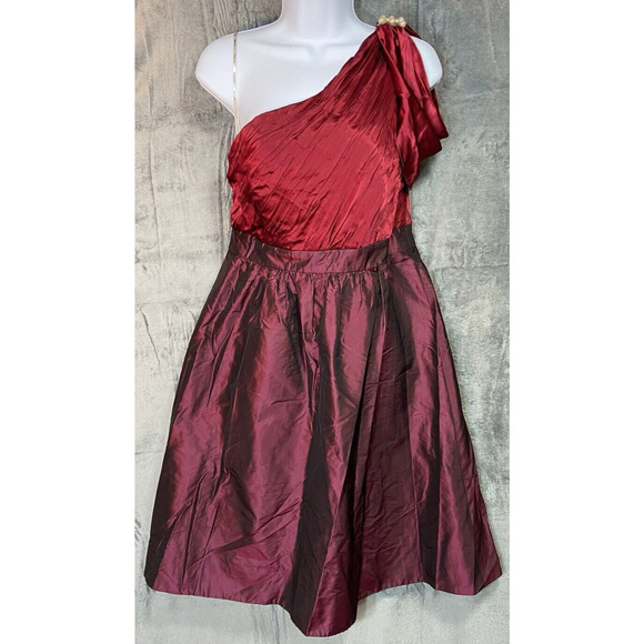 Kay Unger Silk Red One Shoulder Fairy Midi Dress S 8 Empire Waist Flared Dainty - Picture 1 of 11